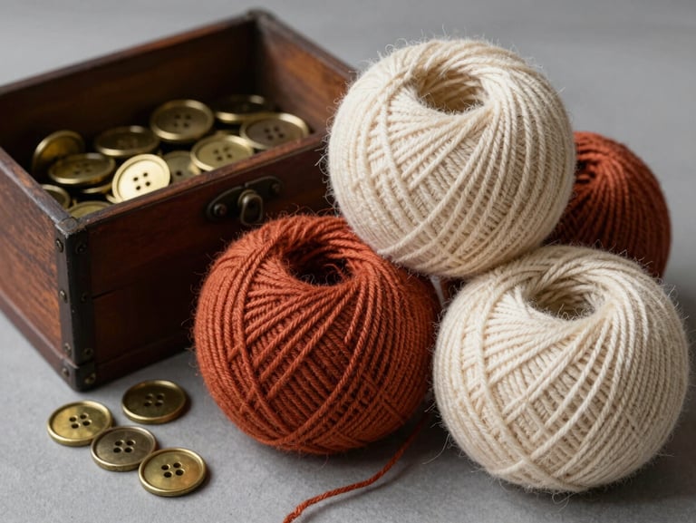 Skeins of organic wool yarn in terracotta and cream tones, resting next to a vintage wooden sewing box and brass buttons.