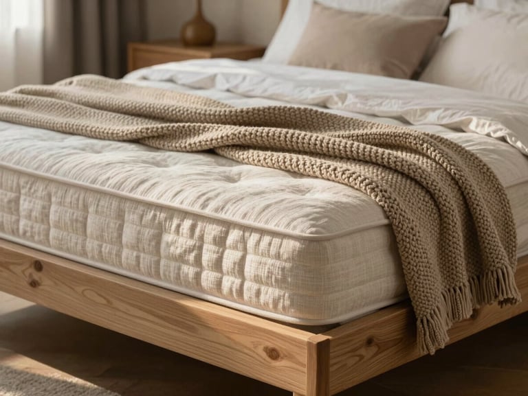An elegant bedroom setup inside a boutique with a natural mattress, linen sheets, and cozy knitted blankets, diffused warm side light