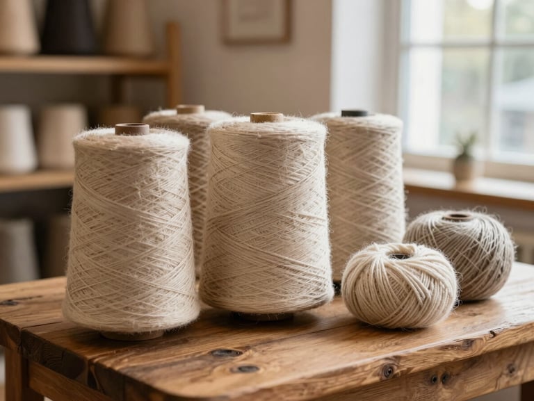 Close-up of natural linen rolls and wool yarn skeins on a rustic oak table inside a warm boutique, soft morning light through a window