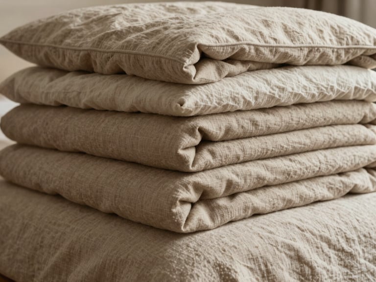 A elegant stack of thick, folded wool blankets and organic linen duvets, warm oatmeal tones, soft side lighting.