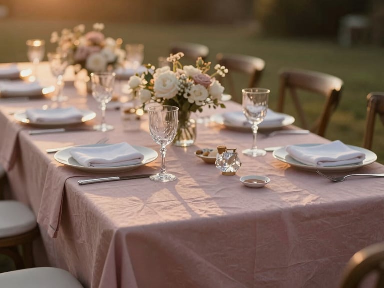 Beautifully styled outdoor tablescape at sunset, dusty rose linens, fine crystal catching the warm golden light, shallow depth of field.