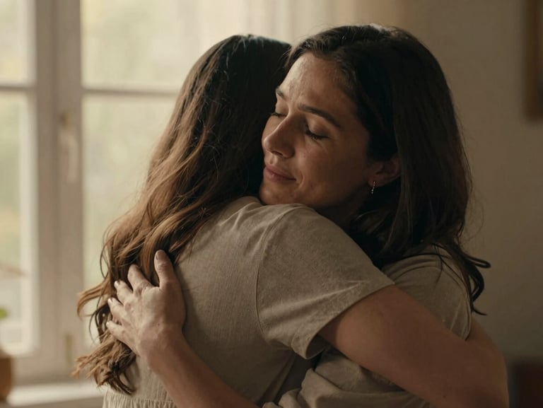 Candid medium shot of a mother and daughter sharing an authentic, emotional embrace, soft window light, warm-toned editorial style.