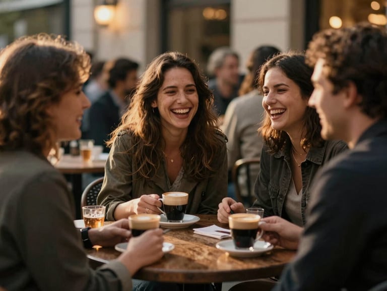 Candid shot of guests laughing over late-night espresso at a warm, dimly lit outdoor table, cinematic party lighting, 35mm film style.