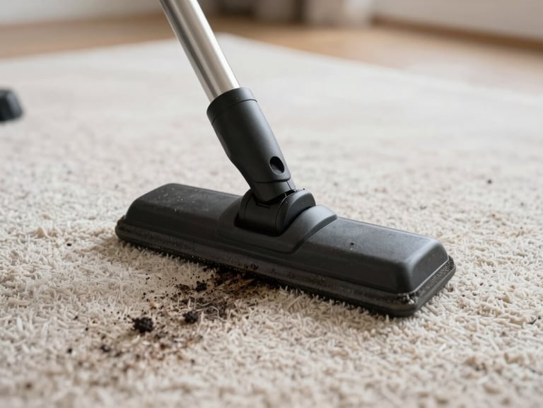 Close-up of professional carpet cleaning wand extracting dark residue from light carpet fibers in a Columbus home, natural daylight, sharp detail of stain removal in progress