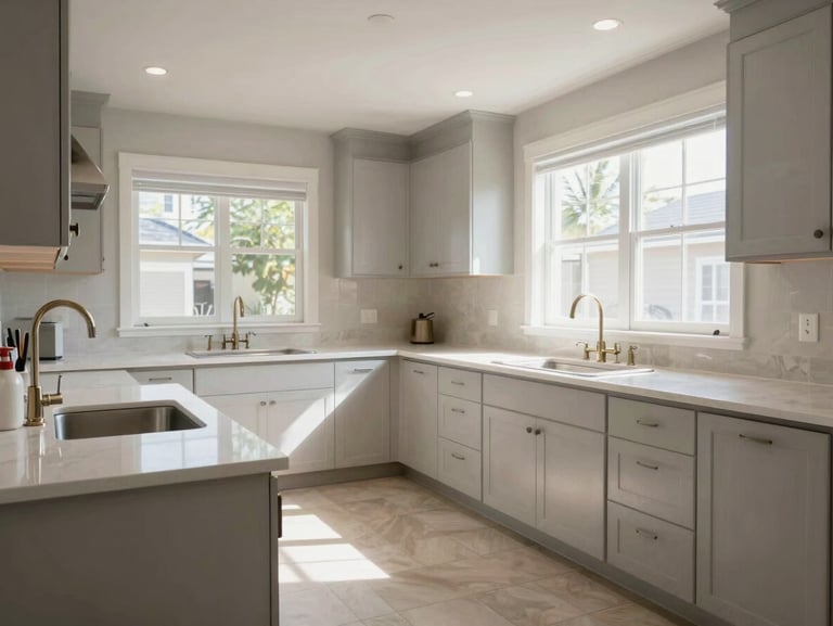 Wide shot of a clean Columbus residential kitchen with bright countertops and gleaming fixtures under natural daylight, empty and spotless after a full house cleaning