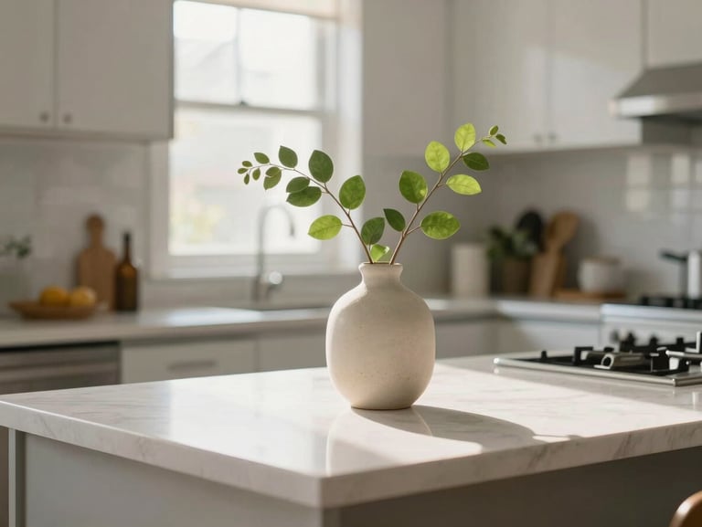 Bright, natural morning light illuminating a clean, modern kitchen counter, a simple ceramic vase with green foliage, soft focus background, realistic DMV home setting.