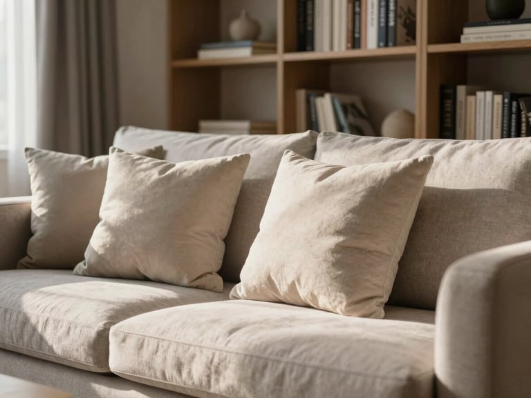 A cozy, sunlit living room with neatly aligned pillows on a modern sofa and dust-free bookshelves in the background.