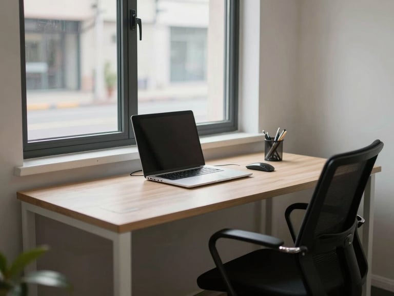 A clean, organized small office space with a tidy desk, a modern chair, and a spotless window overlooking a quiet street.