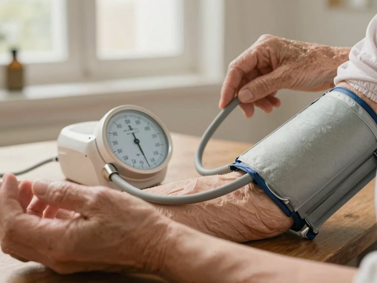 Close-up of hands gently measuring blood pressure on an elderly woman's arm, soft natural daylight, warm domestic setting.