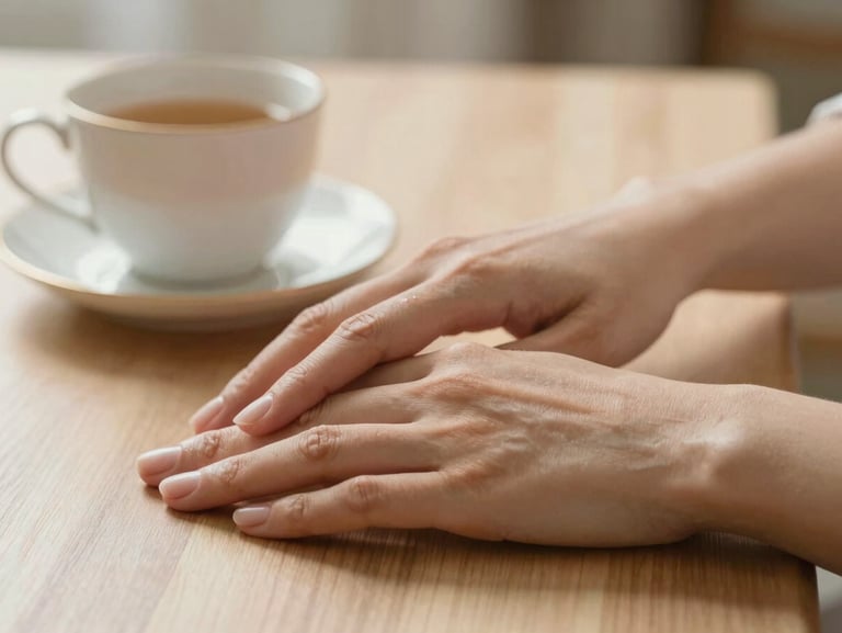 Close-up de mãos femininas alongando suavemente os dedos e punhos sobre uma mesa de madeira clara, com uma xícara de chá ao fundo sob luz matinal difusa.