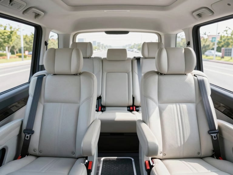 Interior of an immaculate luxury transfer van with clean leather seats, bright natural daylight, professional travel photography.