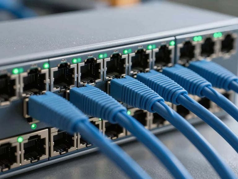 Macro detail shot of a high-density network switch with clean blue Cat6 cabling and active green indicator lights.