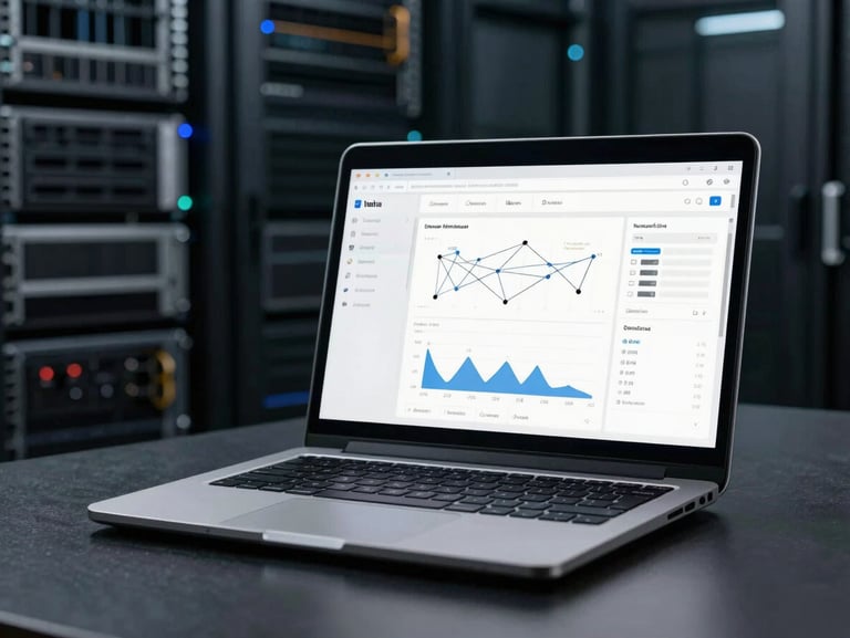 A rugged field laptop displaying a clean, high-contrast web dashboard with network topology graphs, set against a dim server room background.