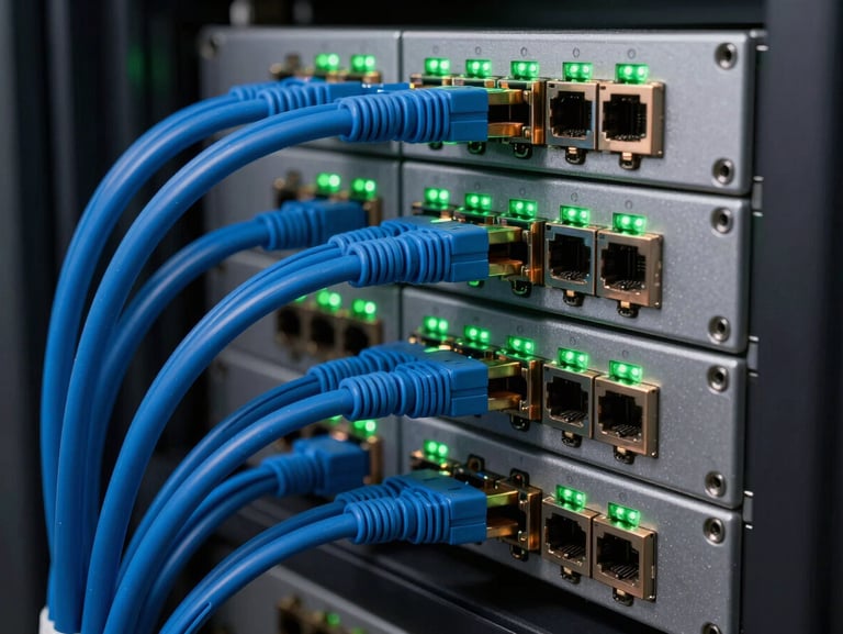 Macro photo of a clean, structured server rack with blue Cat6 cabling, copper ports, and glowing green status LEDs.