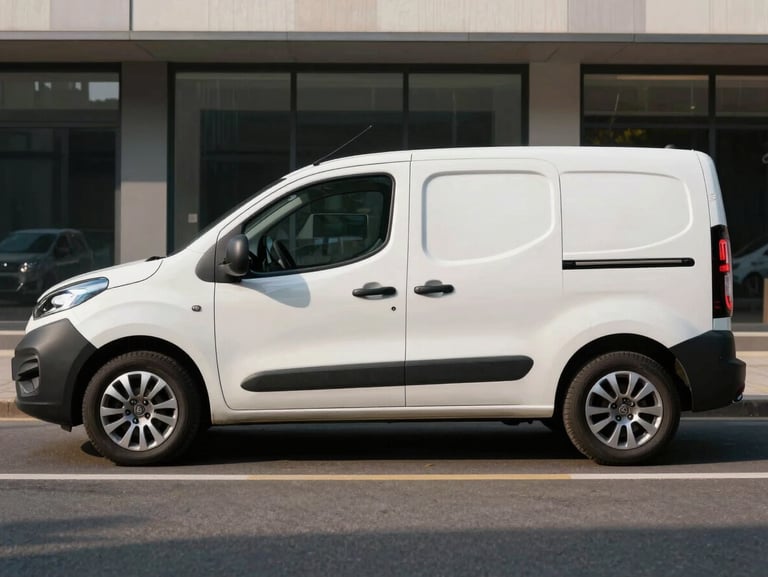 Side view of a modern white Fiat Fiorino parked on a clean city street, bright morning light, professional cargo transport aesthetic.