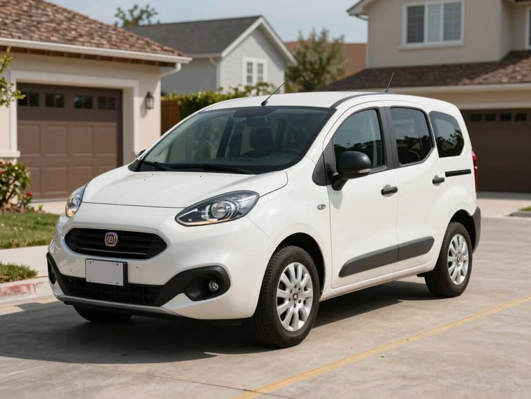 A clean white Fiat Fiorino parked in a modern suburban driveway, bright daylight, showcasing the compact utility vehicle size