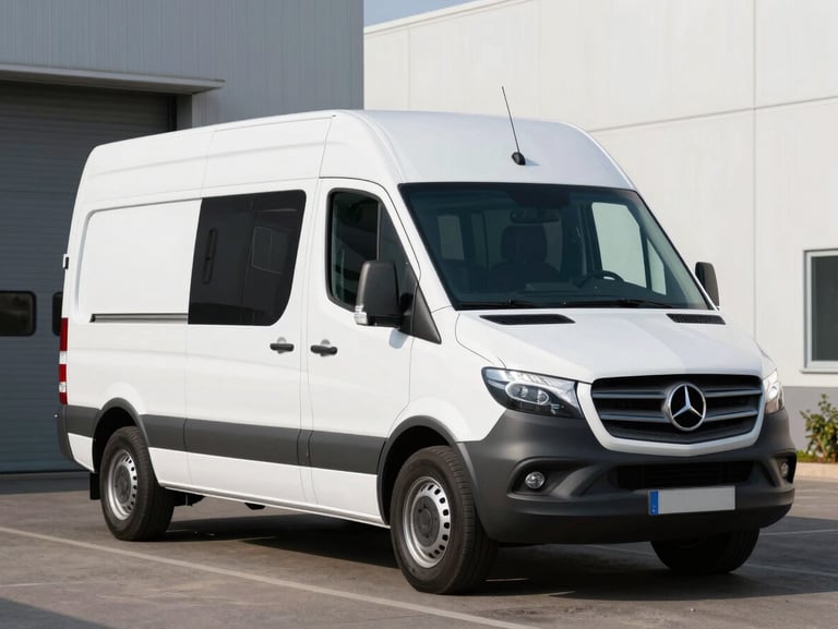 A modern Mercedes-Benz Sprinter cargo van parked near a clean commercial building, daylight, representing medium to large utility transport