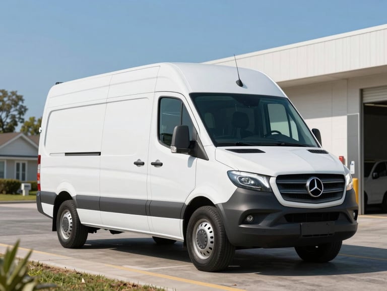 A clean modern Mercedes-Benz Sprinter cargo van parked near a suburban loading dock, sunny day, clear blue sky.