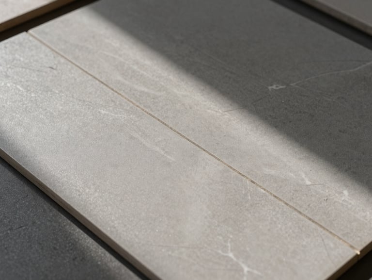 Overhead close-up of a porcelain tile sample board laid on a showroom floor, matte gray surface with subtle veining, natural light casting soft shadows across the grout lines between tiles