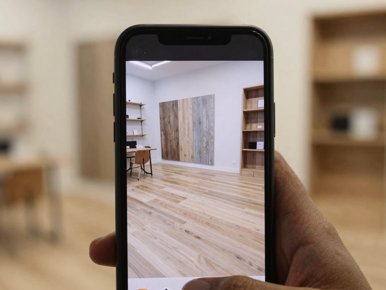 Close-up of a smartphone screen displaying a flooring installation video paused mid-play, showroom background out of focus, warm natural light, documentary framing