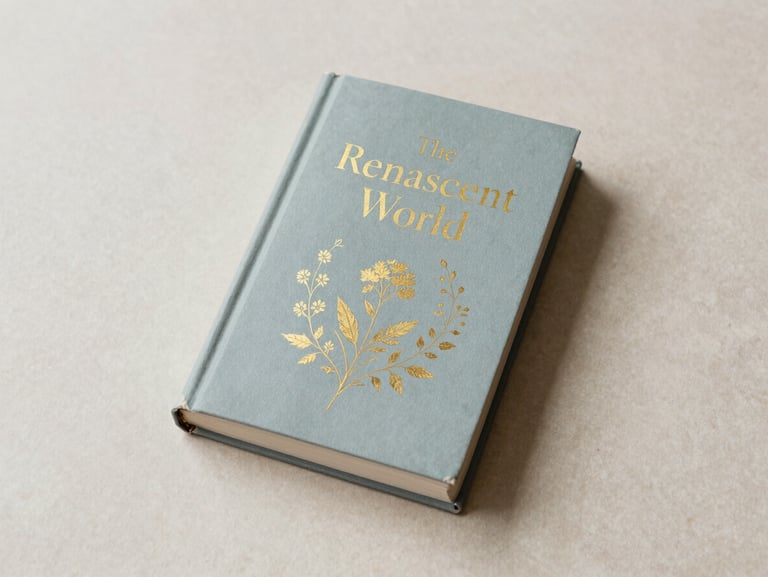 softly lit book mockup of 'The Renascent World' with gold foil accents and botanical details, flat lay on antique paper, soft morning light