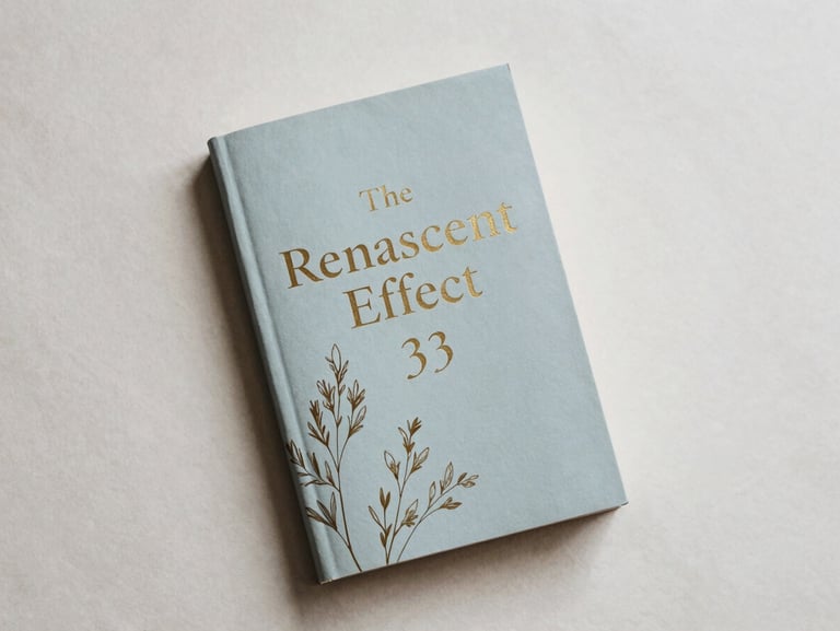 softly lit book mockup of 'The Renascent Effect' with gold foil accents and botanical details, flat lay on antique paper, soft morning light