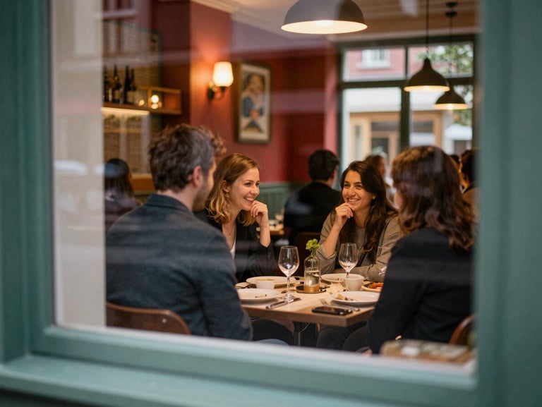 A cozy, warm-lit Scandinavian restaurant dining room filled with happy guests, seen through a soft-focus window at dusk, inviting atmosphere.