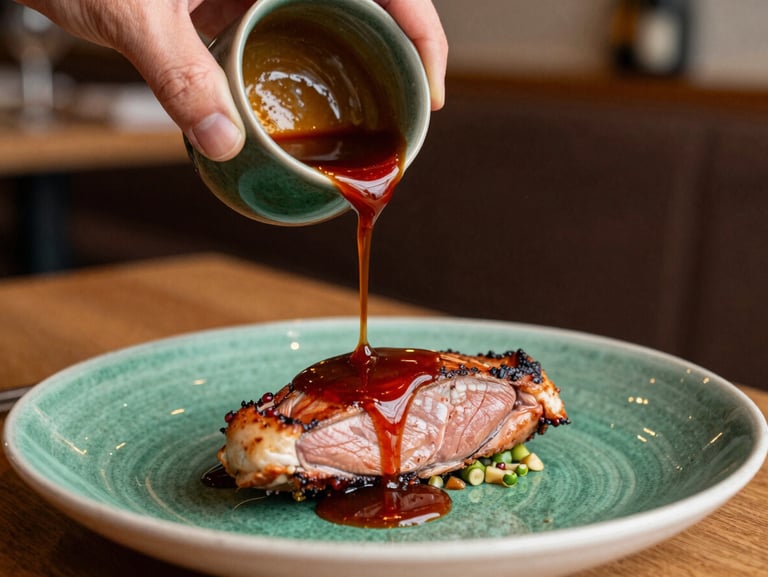 Close-up of hand pouring rich reduction sauce over a beautifully plated duck breast, warm ambient restaurant light, shallow depth of field