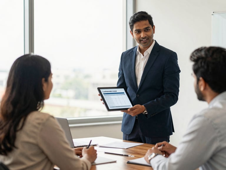 Professional financial advisor in a bright corporate boardroom in Mumbai, presenting structured loan profiles on a tablet to an Indian couple, natural daylight, warm editorial style