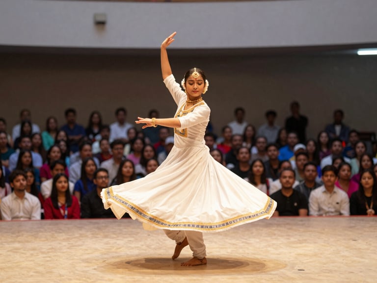 Young dancer in traditional Kathak attire performing on a warm lit stage, wide shot capturing the audience, cinematic atmosphere.