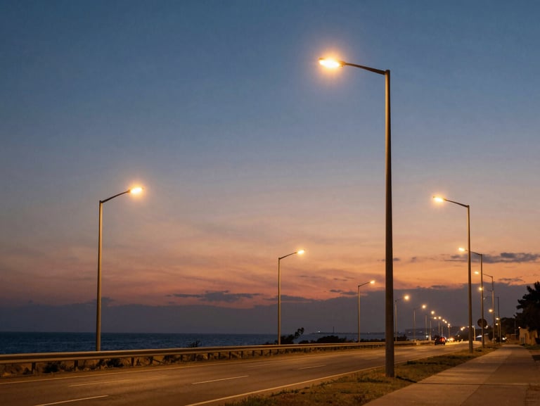 Wide environmental context shot of a municipal streetlight grid illuminated at dusk along a coastal highway, clean sharp twilight sky with deep blue and orange tones.