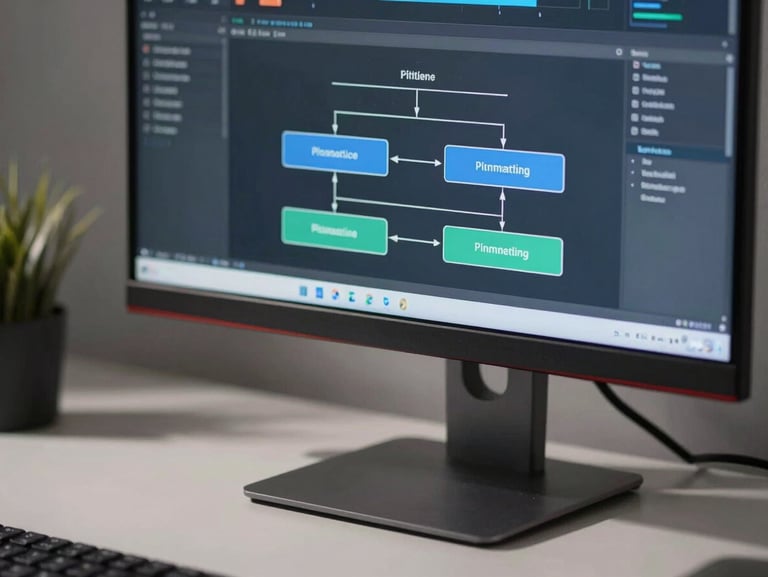 Crisp macro shot of a modern, focused workspace with a monitor displaying data pipelines, cool-toned clean studio light, sharp shadows.
