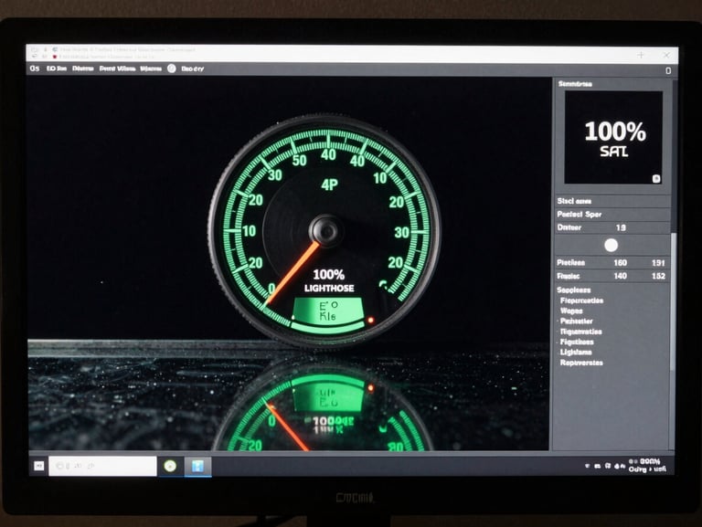 Macro shot of a high-contrast dark-room monitor displaying 100% Lighthouse speed scores with electric mint reflections on a clean glass surface.