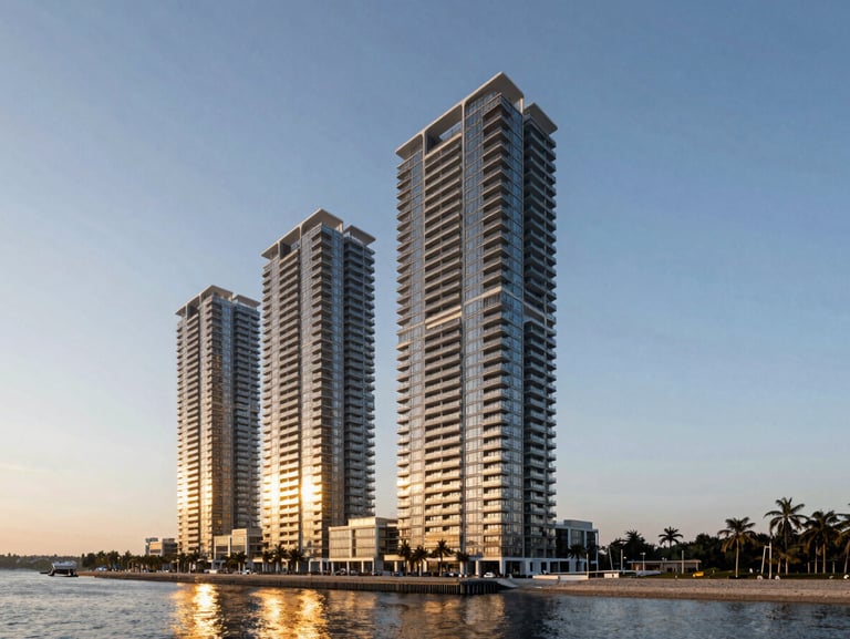 Wide-angle architectural rendering of a modern 50-story residential tower in Edgewater at twilight, coastal tones, crisp reflections on water.