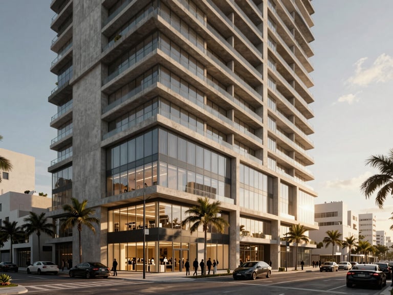 Architectural twilight rendering of a boutique 12-story commercial development in Wynwood, high-contrast concrete and glass facade, street-level activation.