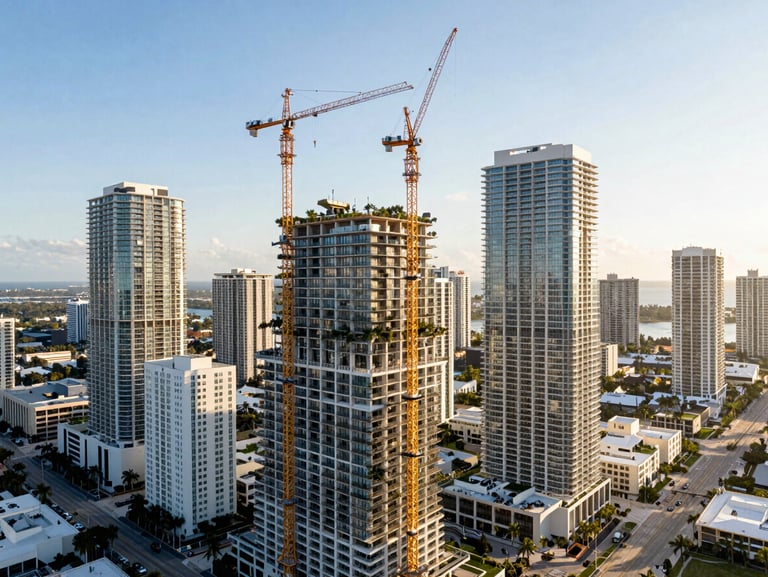 Aerial drone shot of a commercial high-rise development in Downtown Miami under bright midday sun, active cranes, crisp architectural details.