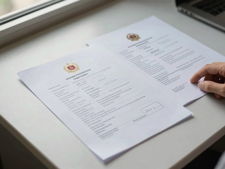 Close overhead shot of official Thai film permit documents spread on a clean desk alongside a stamped application folder, bright even daylight from a window, one hand visible resting at the edge of the frame