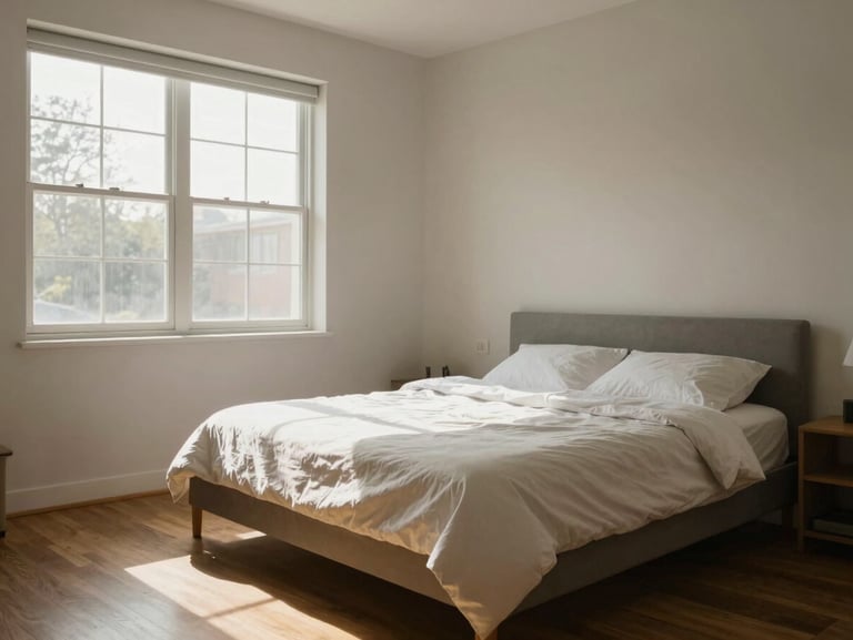 Wide environmental shot of a bright bedroom interior in natural morning light, window to the left casting soft shadows across a plain-made bed, neutral walls, hardwood floor, no people, no staging props