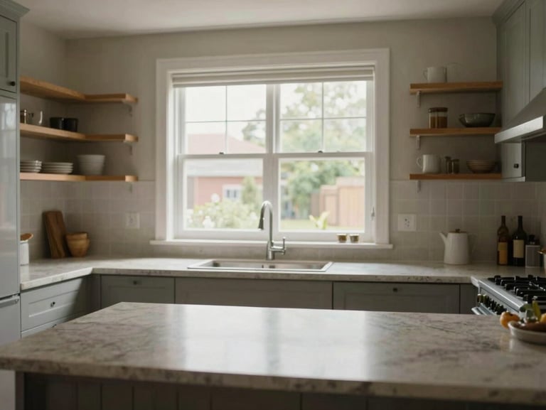Wide environmental shot of a residential kitchen interior in full daylight, window above the sink flooding the counter with natural light, stone countertop and open shelving visible, no people, no staged styling