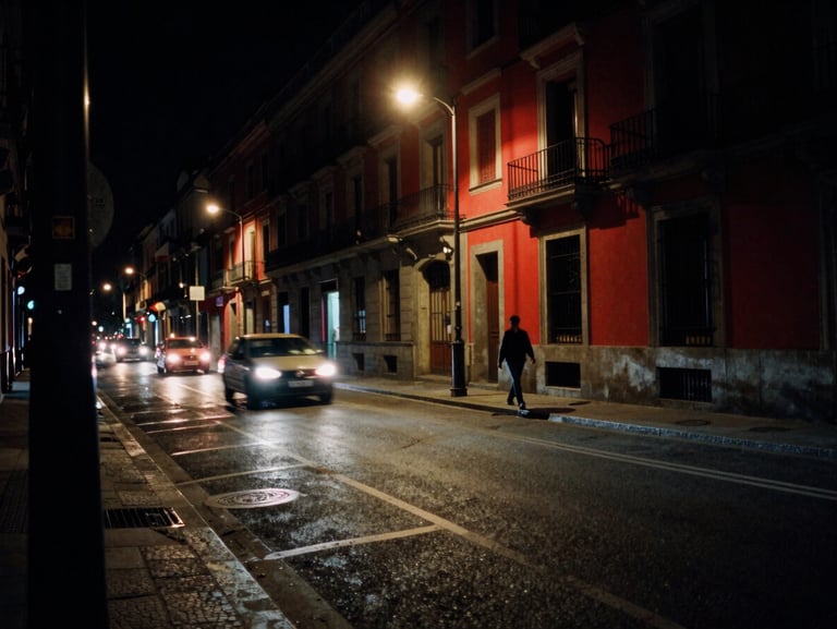 Cinematic wide shot, low-angle street photography of Madrid at night, motion-blurred headlights, a lone figure walking under a dim street lamp, heavy film grain, 35mm lens