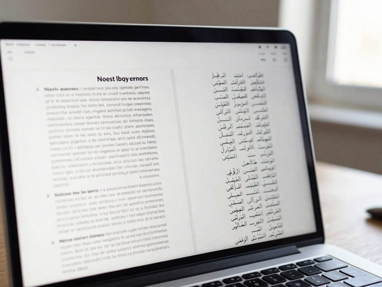 Close-up of a laptop screen showing a bilingual document side-by-side — English left column, Arabic right column — on a clean desk, natural light from a window to the upper right, shallow depth of field, muted workspace background