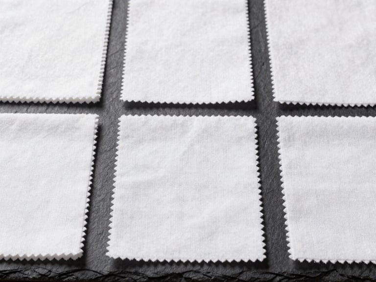 A structured flat-lay of white cotton fabric swatches neatly arranged on a dark slate surface, bright neutral daylight