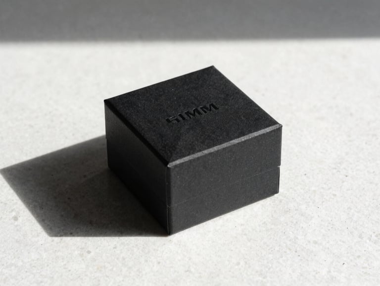 Minimalist layout of premium black jewelry gift box on a white textured stone surface, sharp direct sunlight, high contrast, 35mm