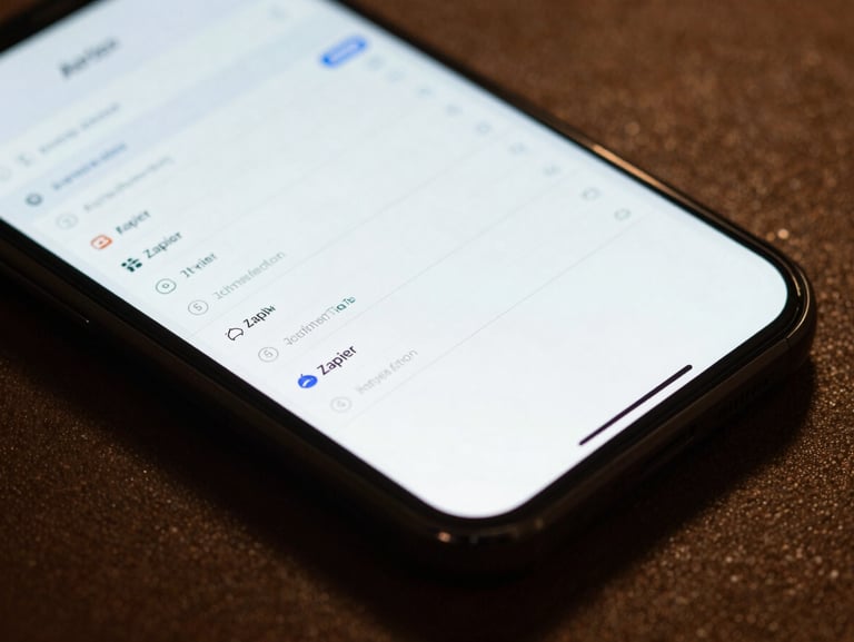 Macro focus on a smartphone screen displaying a clean Airtable database and Zapier integration paths, warm ambient lighting, dark background
