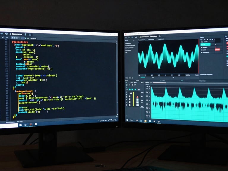 Macro shot of a dual-screen monitor setup in a dark studio. Left screen displays clean React code blocks with electric lime syntax highlighting; right screen shows a video editing timeline with bright teal waveforms. Low-key neon lighting.
