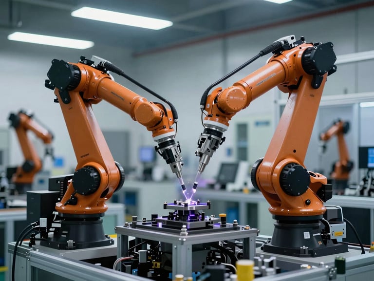 Advanced manufacturing floor with robotic arms and precision engineering equipment, cool directional lighting