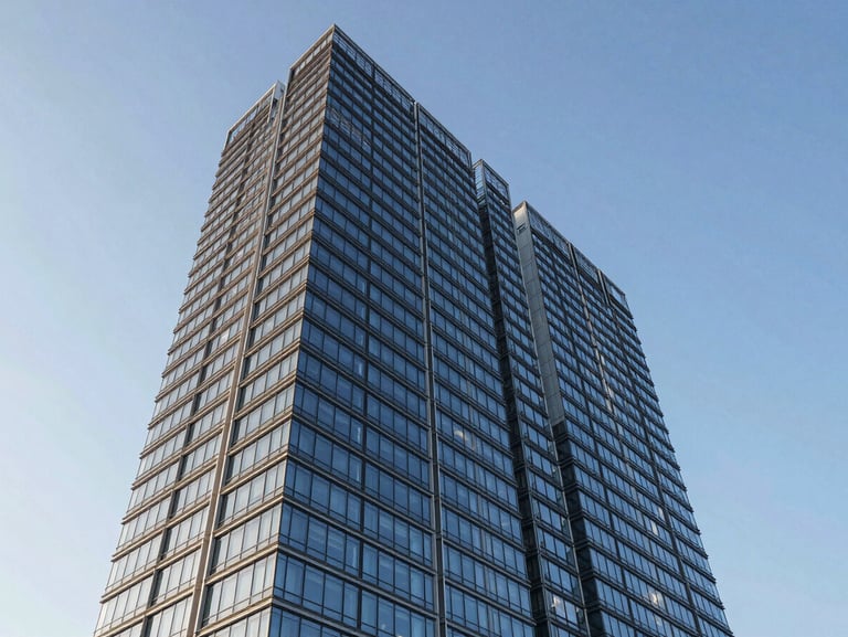 Wide architectural exterior of a contemporary mixed-use tower, clean glass facade catching morning daylight, low-angle framing conveying scale and precision, clear blue sky above, no people