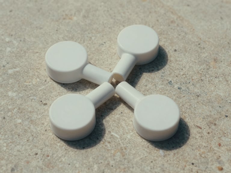 Landscape aspect, overhead geometric arrangement of three minimalist scatter tubes on a soft stone surface, showing clean circular lids and seamless joins, soft diffused daylight.