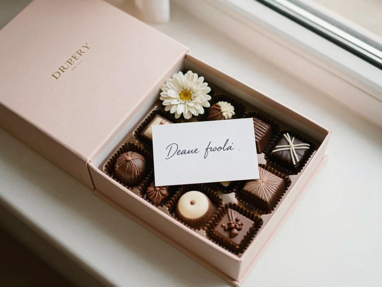 Overhead flat-lay of an open premium gift box filled with artisanal chocolates, a small flower bouquet, and a handwritten card, warm pastel tones, soft shadows, 35mm