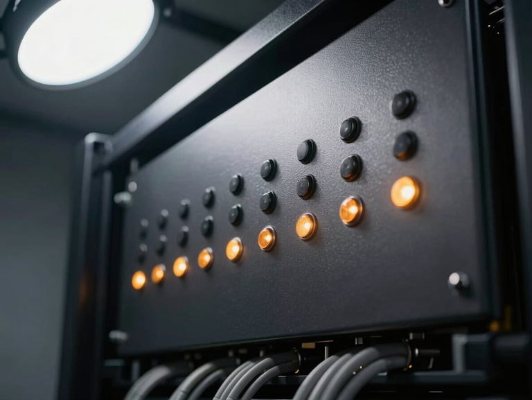 Tight architectural close-up of a dark anodized metal server rack panel, indicator lights glowing amber in a row, clean cable management visible in the background, studio strobe lighting from above-left casting precise metallic reflections, no people